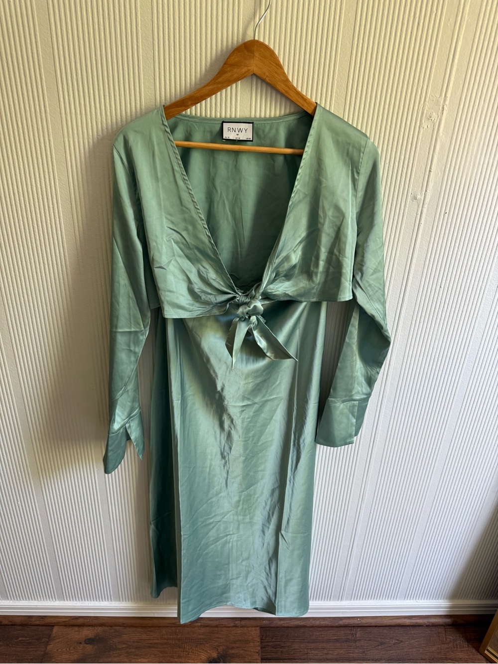 RNWY Sage Green Tie-Front Satin Dress